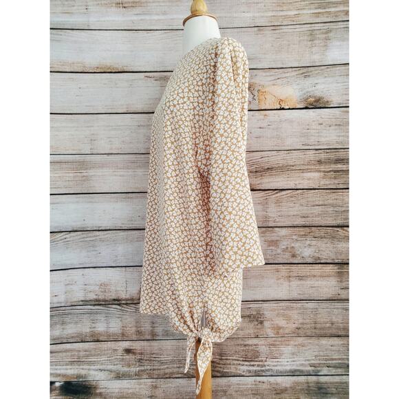 Vintage 60s 70s Tunic Tan White Leaf Print Large - Picture 5 of 11